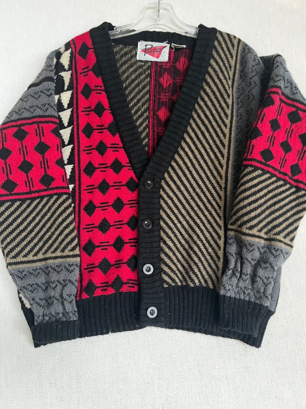 VTG Pazzo Wool Cardigan Sweater Womens M Geometric Abstract Grandpa Red Crew